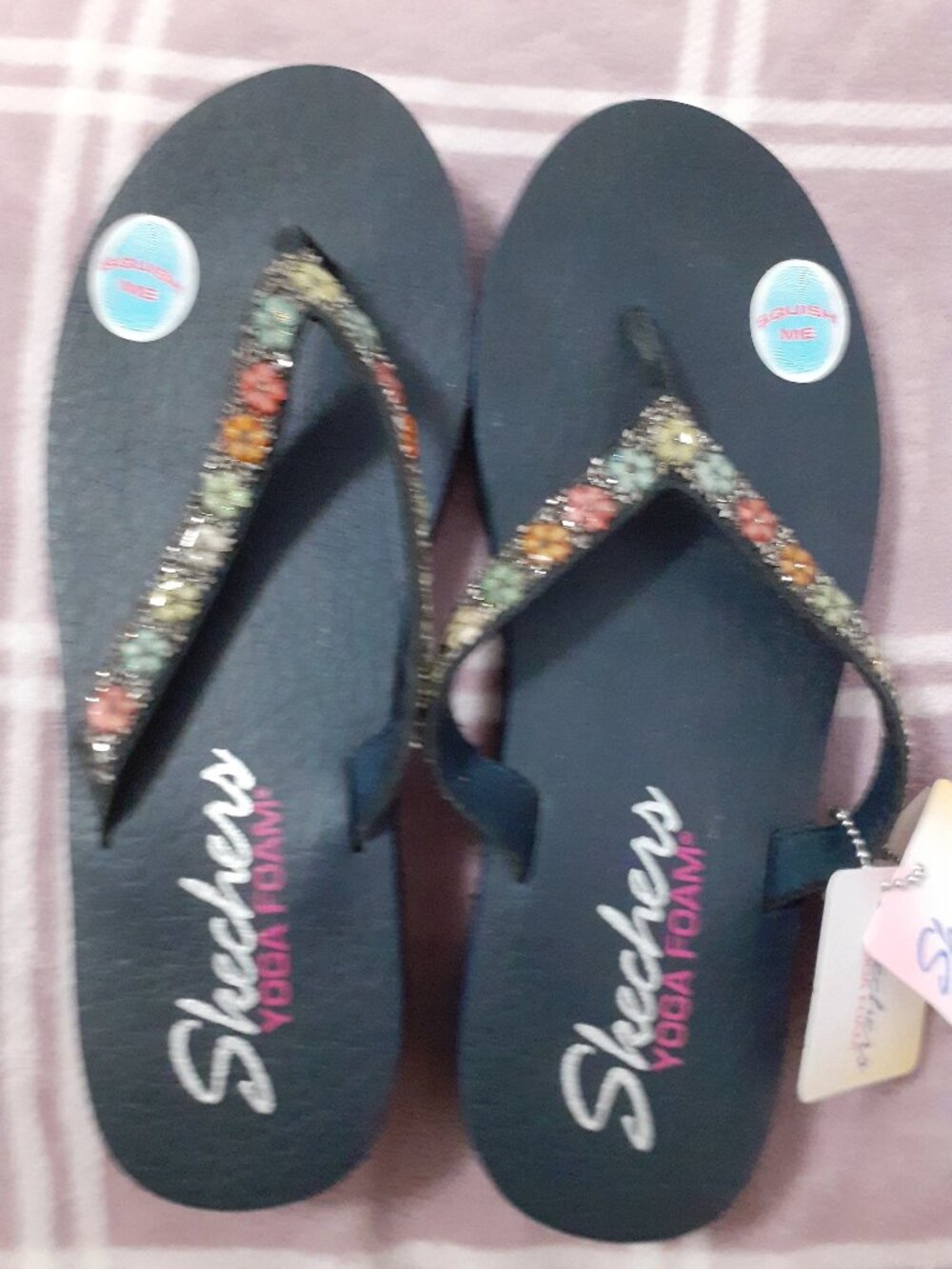 YOGA FOAM SKETCHERS NAVY WITH BEAUTIFUL STONES COMFORT NAVY BRAND NEW WITH TAGS